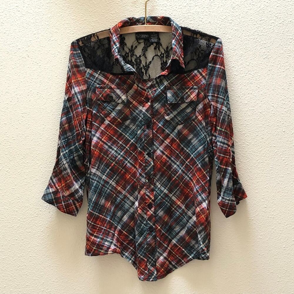 Daytrip Plaid Black Lace Button Up Rayon Shirt Blouse Top S